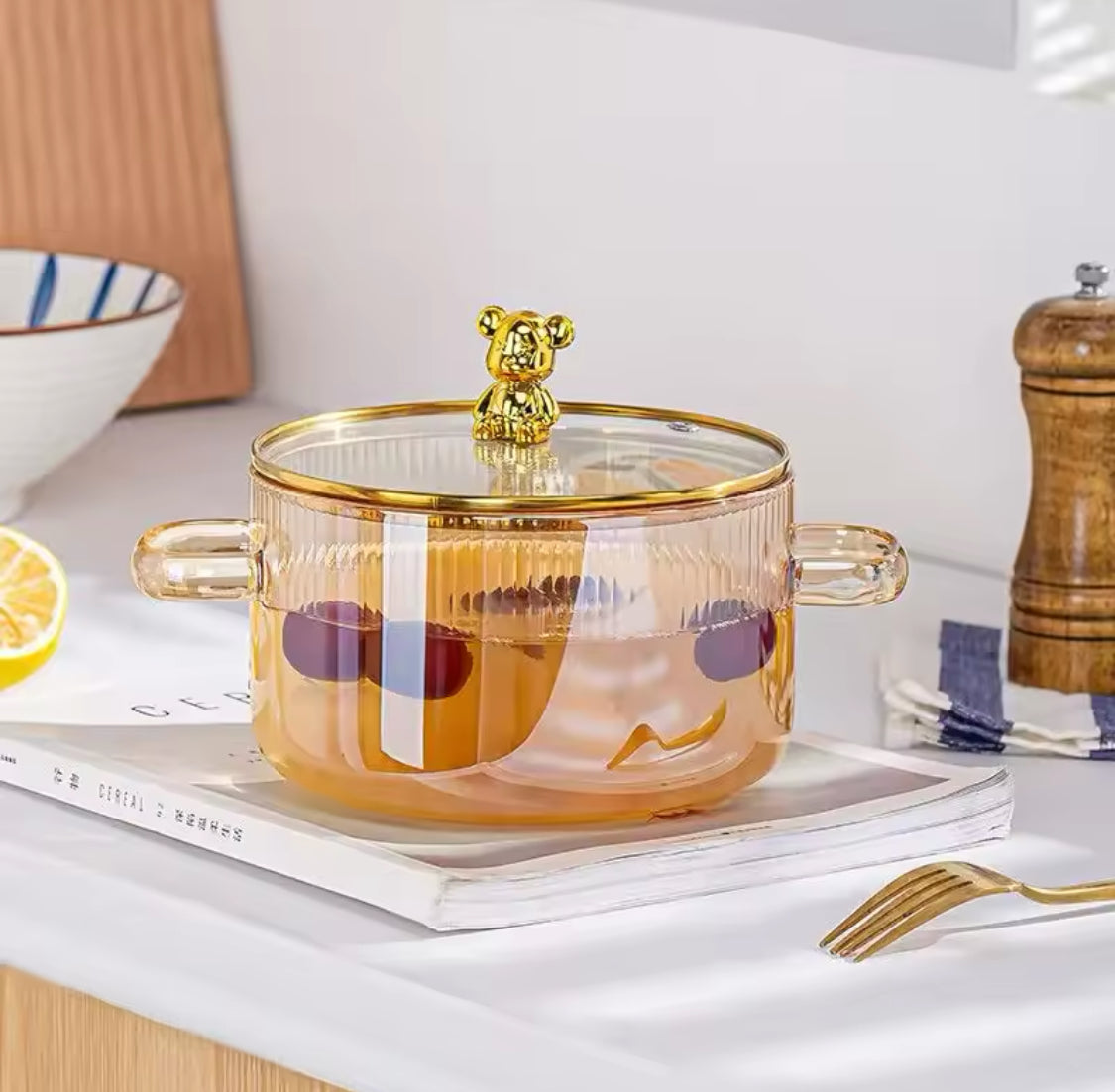 Bear Glass Cooking Pot, Large Capacity High Borosilicate Glass Clear Cooking Pot, Heat Resistant Sauce Pan Bear Glass Cooking Pot, Large Capacity High Borosilicate Glass Clear Cooking Pot, Heat Resistant Sauce Pan